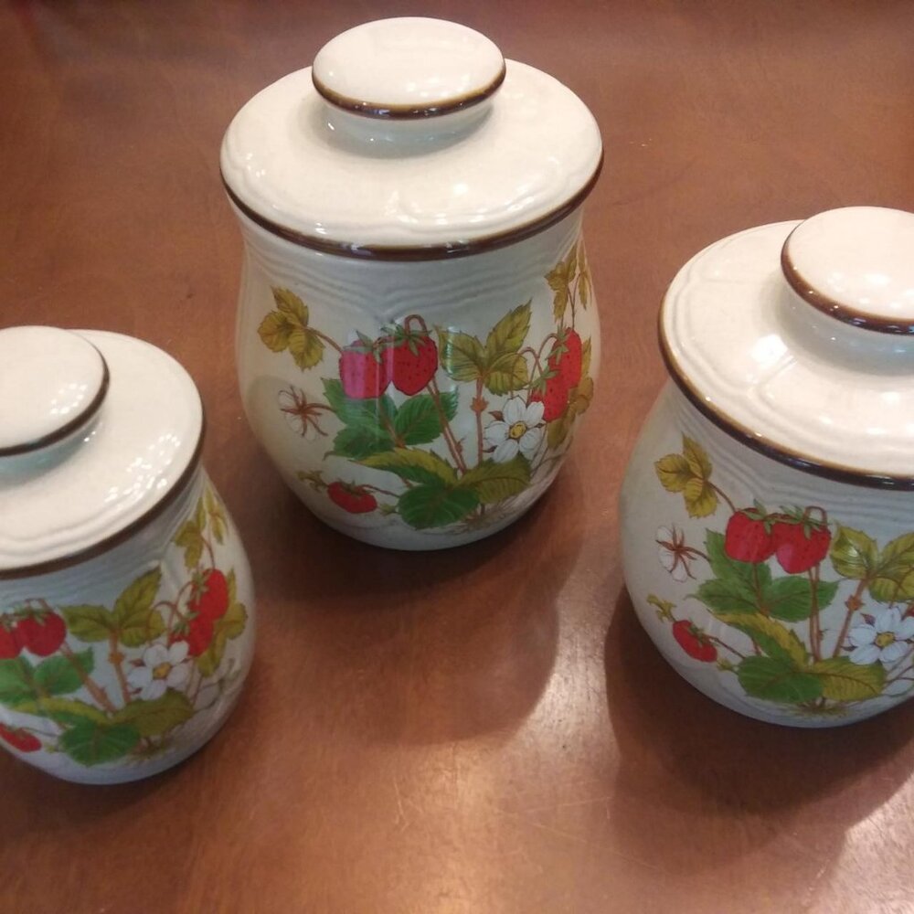 Vintage Strawberry Fields ceramic canisters